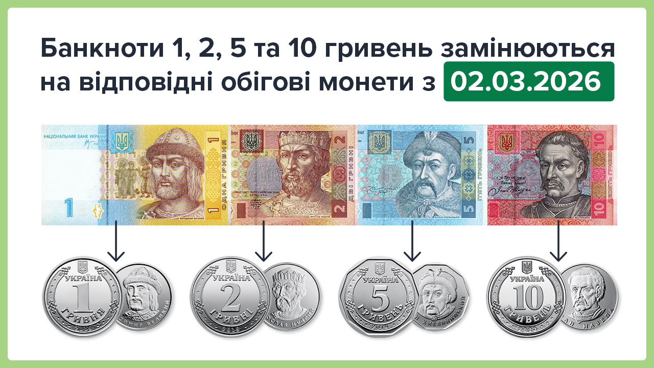 Банкноти номіналами 1, 2, 5 та 10 гривень замінюються на відповідні обігові монети